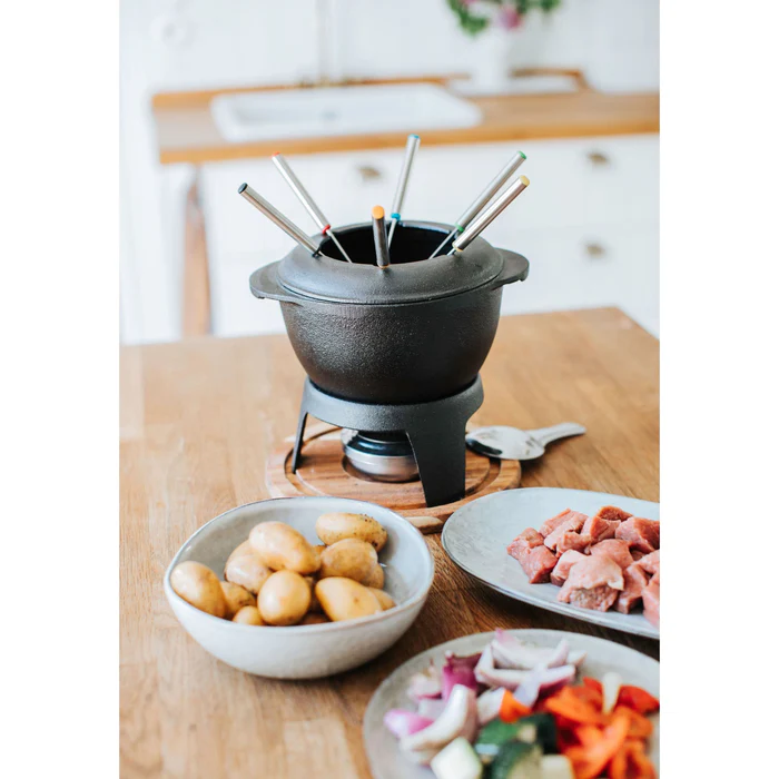 Dorre Fonda fondue gjutjärnsgryta med akaciaträplatta